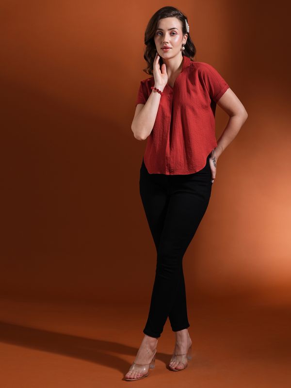 Globus Women Rust Collared Neck Extended Sleeves Self Design Shirt Style Workwear Top