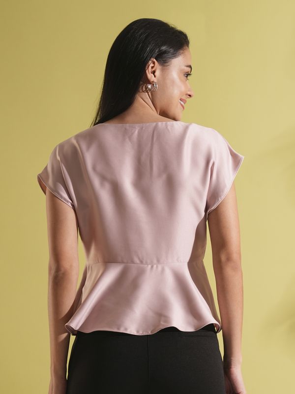 Globus Women Pink Satin Round Neck Extended Sleeves Peplum Work Wear Top