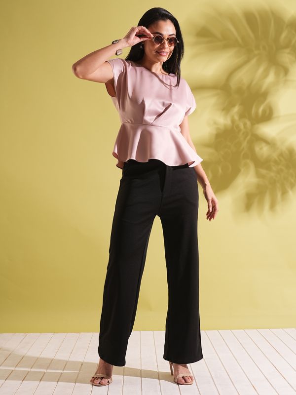 Globus Women Pink Satin Round Neck Extended Sleeves Peplum Work Wear Top