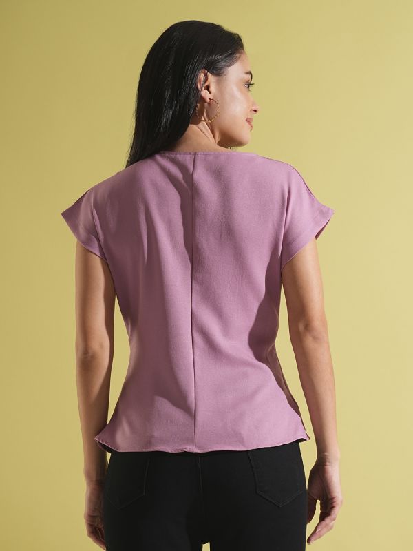 Globus Women Dusty Pink Wrap V-Neck Extended Sleeves Twisted Detail Workwear Top