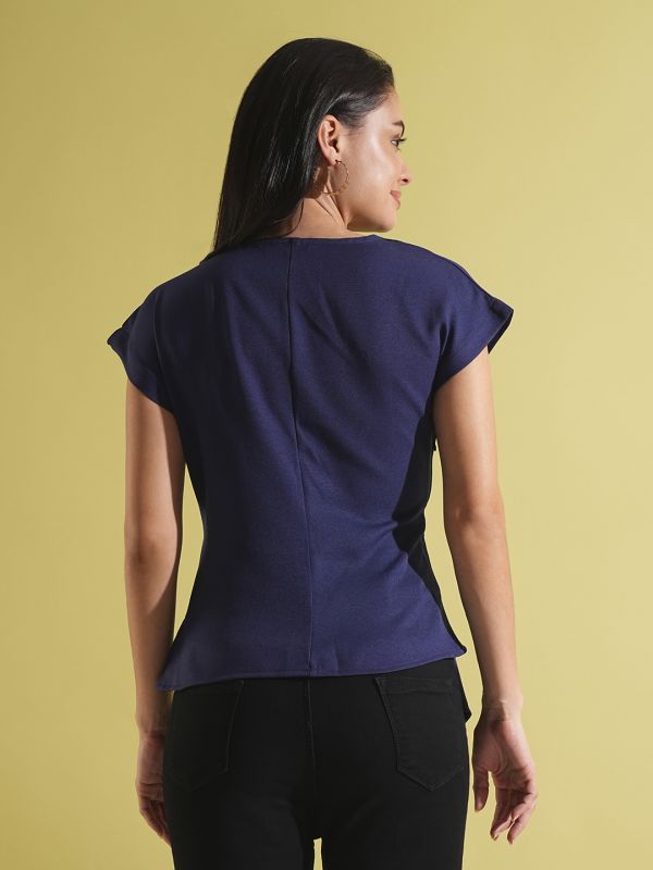 Globus Women Navy Blue Wrap V-Neck Extended Sleeves Twisted Detail Workwear Top