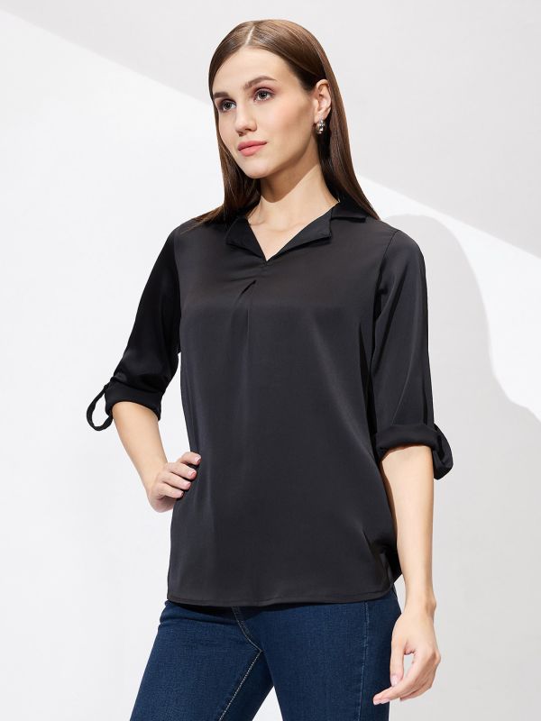 Globus Women Black Cuban Collar Roll Up Sleeves Solid Satin Shirt Style Workwear Top