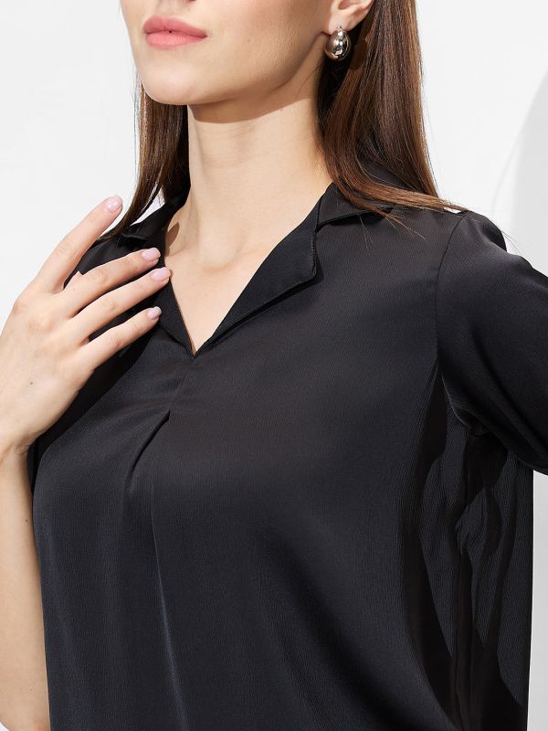 Globus Women Black Cuban Collar Roll Up Sleeves Solid Satin Shirt Style Workwear Top