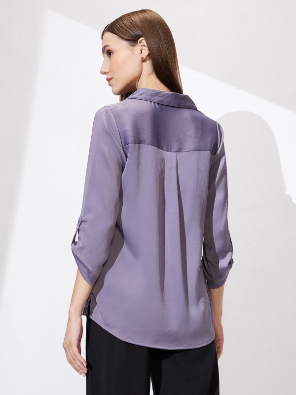 Globus Women Mauve Cuban Collar Roll Up Sleeves Solid Satin Shirt Style Workwear Top