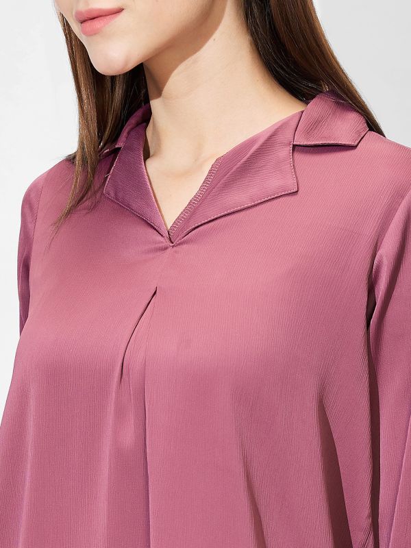 Globus Women Pink Cuban Collar Roll Up Sleeves Solid Satin Shirt Style Workwear Top