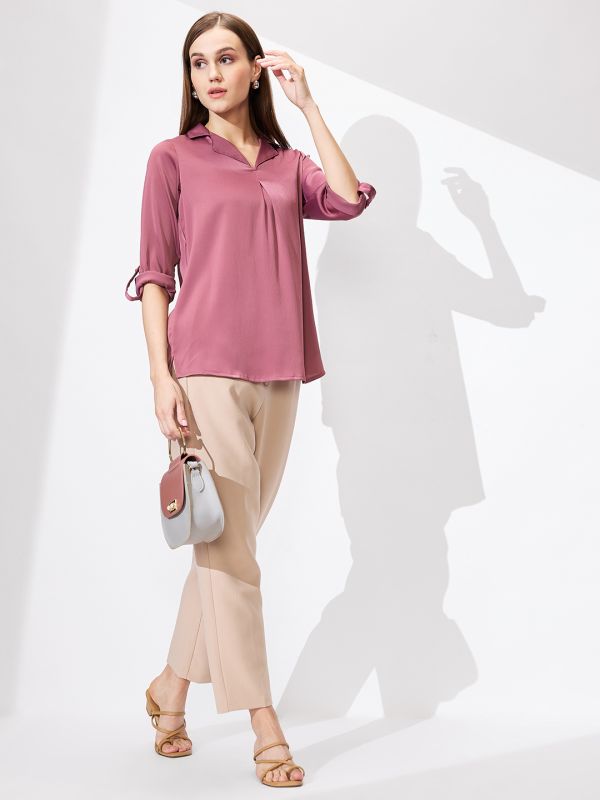 Globus Women Pink Cuban Collar Roll Up Sleeves Solid Satin Shirt Style Workwear Top