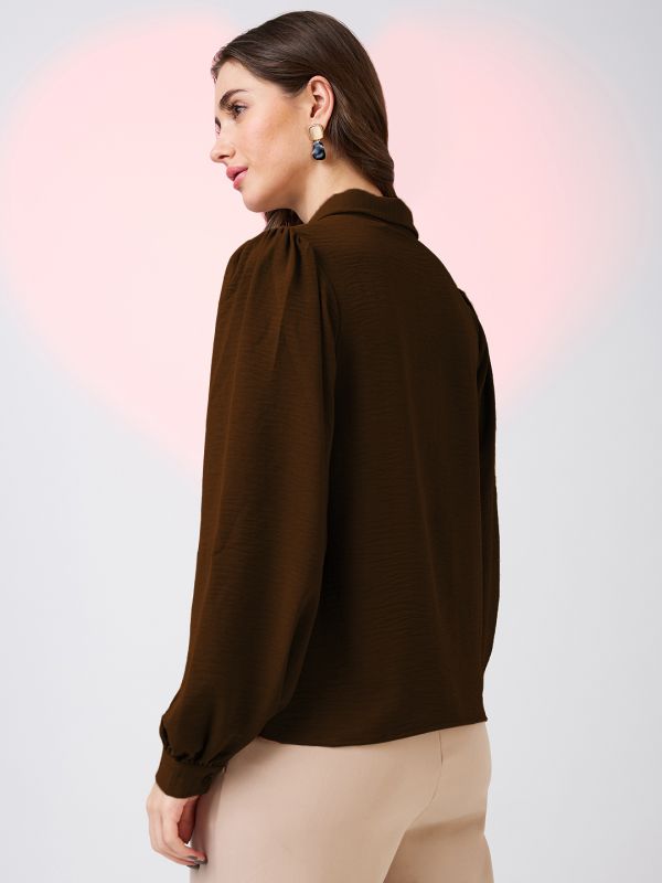 Globus Women Brown Collared Neck Cuffed Sleeves Shirt Style Work Wear Top