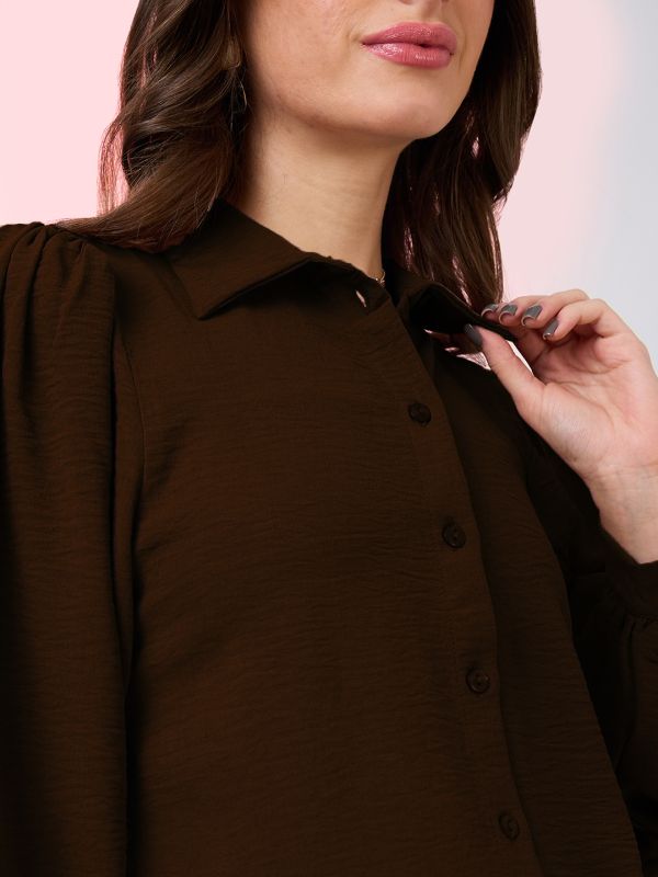 Globus Women Brown Collared Neck Cuffed Sleeves Shirt Style Work Wear Top