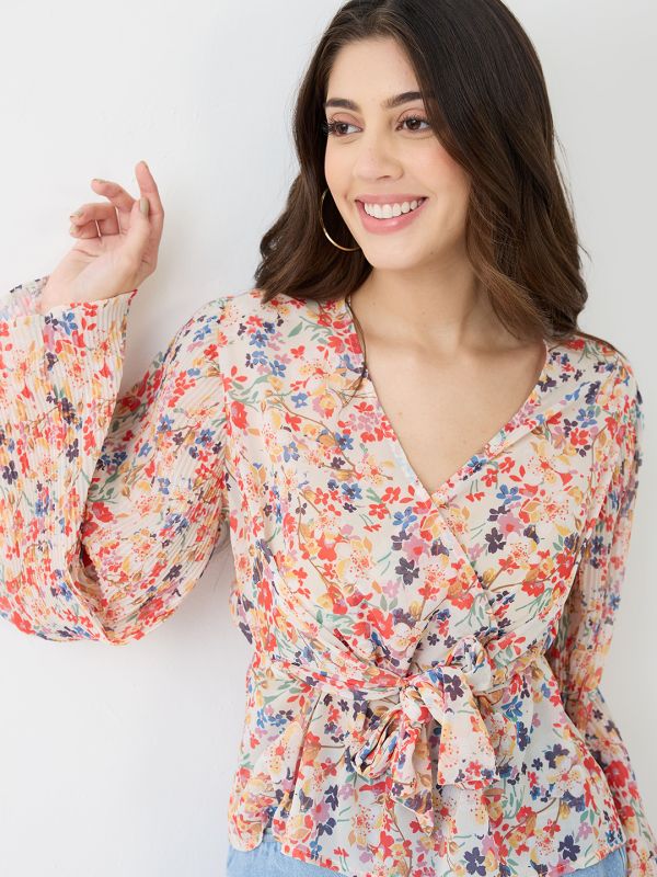 Globus Women Multicolour Georgette Floral Print V-Neck Wrap Waist Tie-up Flared Sleeves Peplum Top