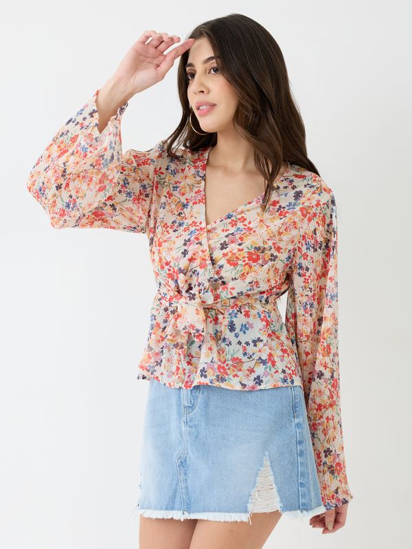 Globus Women Multicolour Georgette Floral Print V-Neck Wrap Waist Tie-up Flared Sleeves Peplum Top