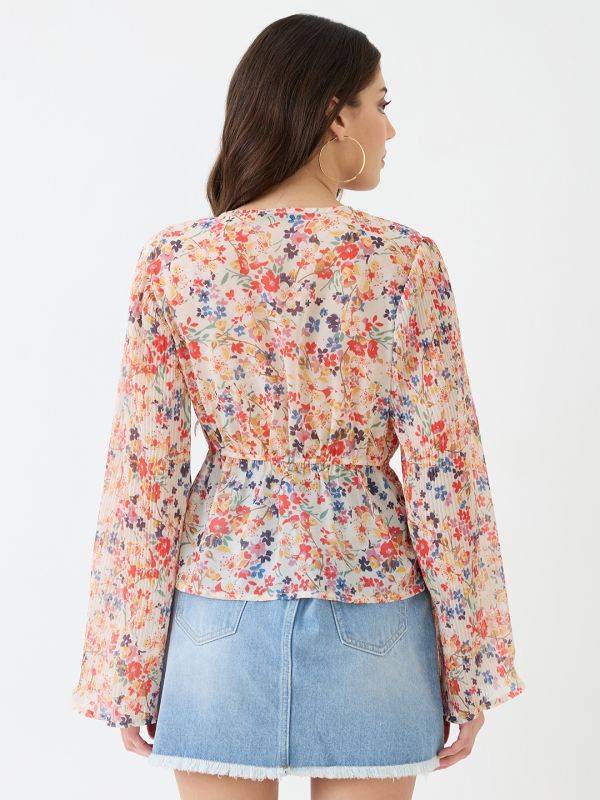Globus Women Multicolour Georgette Floral Print V-Neck Wrap Waist Tie-up Flared Sleeves Peplum Top