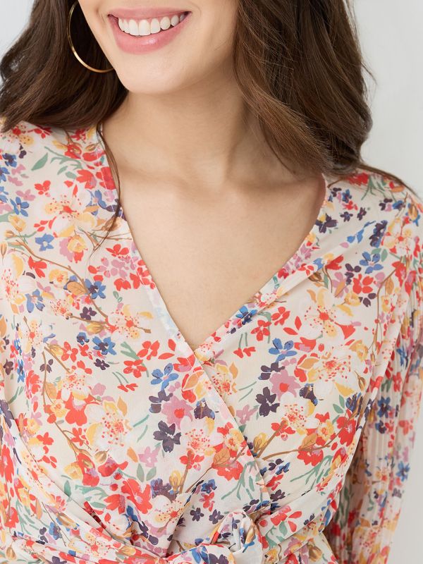 Globus Women Multicolour Georgette Floral Print V-Neck Wrap Waist Tie-up Flared Sleeves Peplum Top