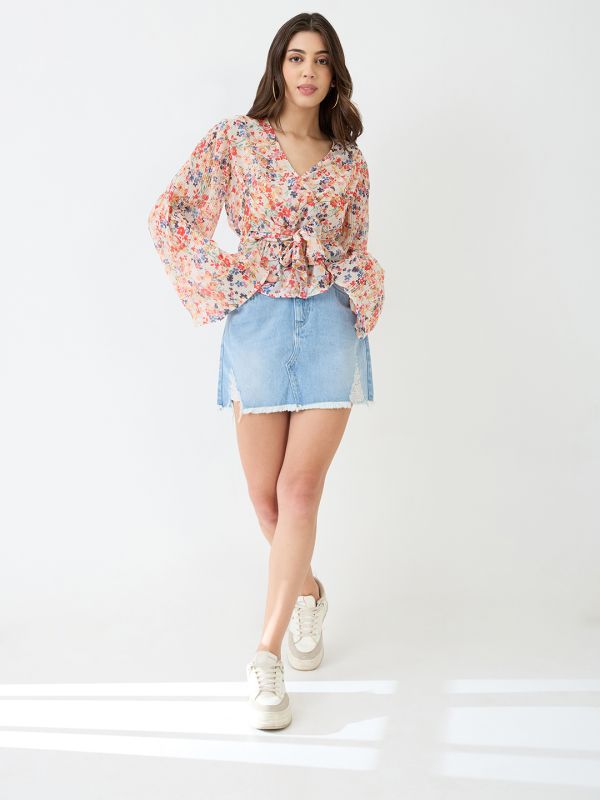 Globus Women Multicolour Georgette Floral Print V-Neck Wrap Waist Tie-up Flared Sleeves Peplum Top