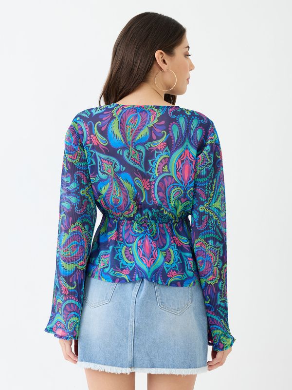 Globus Women Blue Georgette Paisley Print V-Neck Wrap Waist Tie-up Flared Sleeves Peplum Top