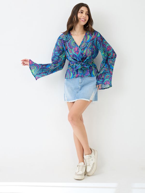 Globus Women Blue Georgette Paisley Print V-Neck Wrap Waist Tie-up Flared Sleeves Peplum Top