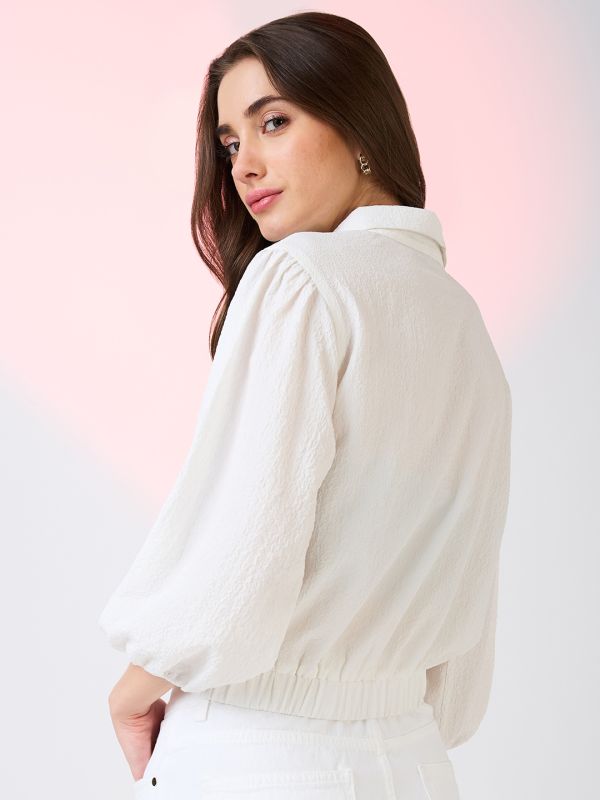 Globus Women White Self Design Collared Neck Puffed Sleeves Shirt Style Workwear Crop Top with Utility Pockets
