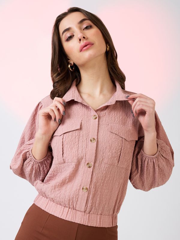 Globus Women Pink Self Design Collared Neck Puffed Sleeves Shirt Style Workwear Crop Top with Utility Pockets
