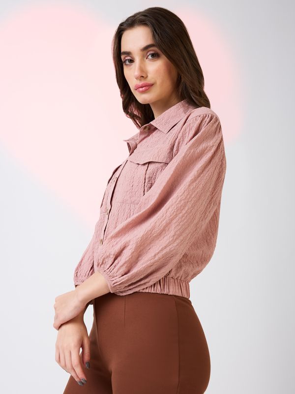 Globus Women Pink Self Design Collared Neck Puffed Sleeves Shirt Style Workwear Crop Top with Utility Pockets