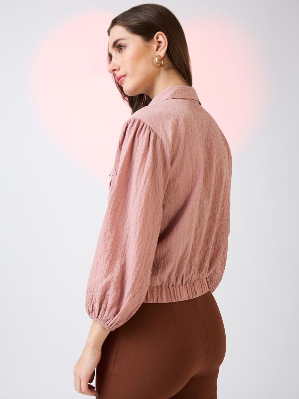 Globus Women Pink Self Design Collared Neck Puffed Sleeves Shirt Style Workwear Crop Top with Utility Pockets