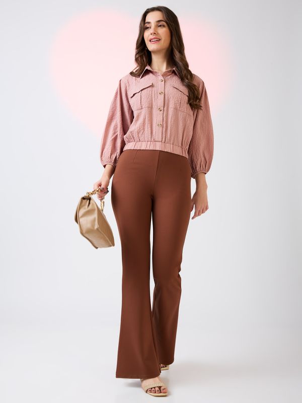 Globus Women Pink Self Design Collared Neck Puffed Sleeves Shirt Style Workwear Crop Top with Utility Pockets