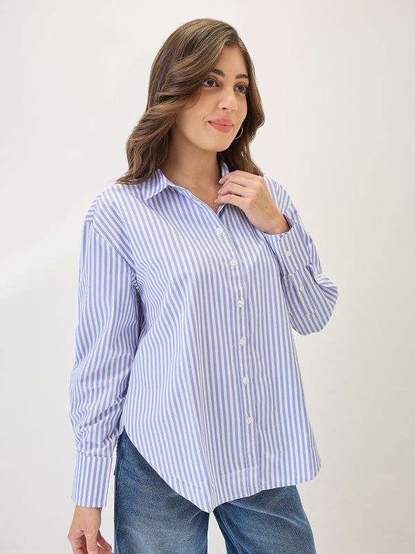Globus Women Blue Cuffed Sleeves Vertical Stripes Curved Hem Oversized Workwear Shirt