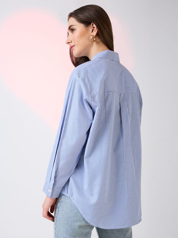 Globus Women Blue Collared Neck Cuffed Sleeves Striped Pattern Oversized Shirt Style Work Wear Top