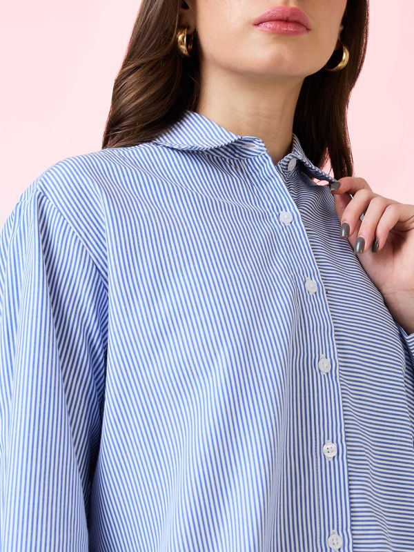 Globus Women Blue Collared Neck Cuffed Sleeves Striped Pattern Oversized Shirt Style Work Wear Top