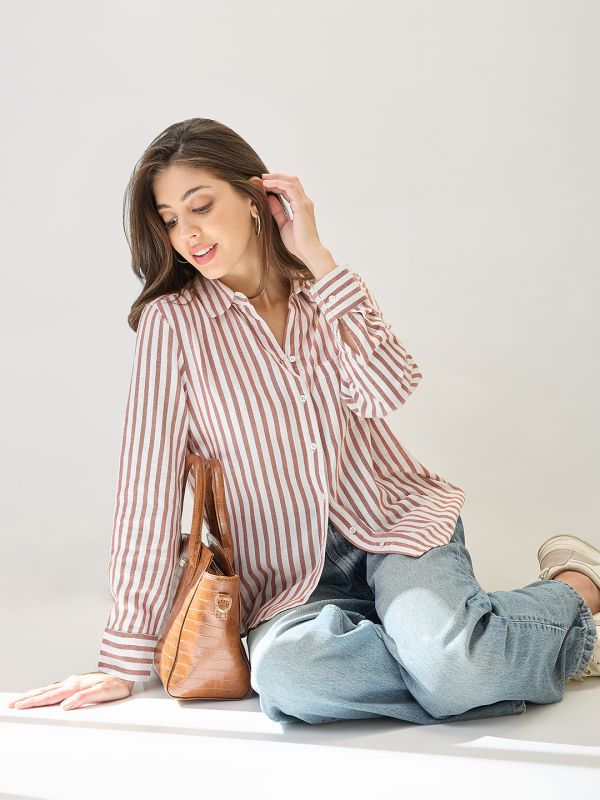 Globus Women Peach Cuffed Sleeves Vertical Stripes Chest Pocket Curved Hem Workwear Shirt