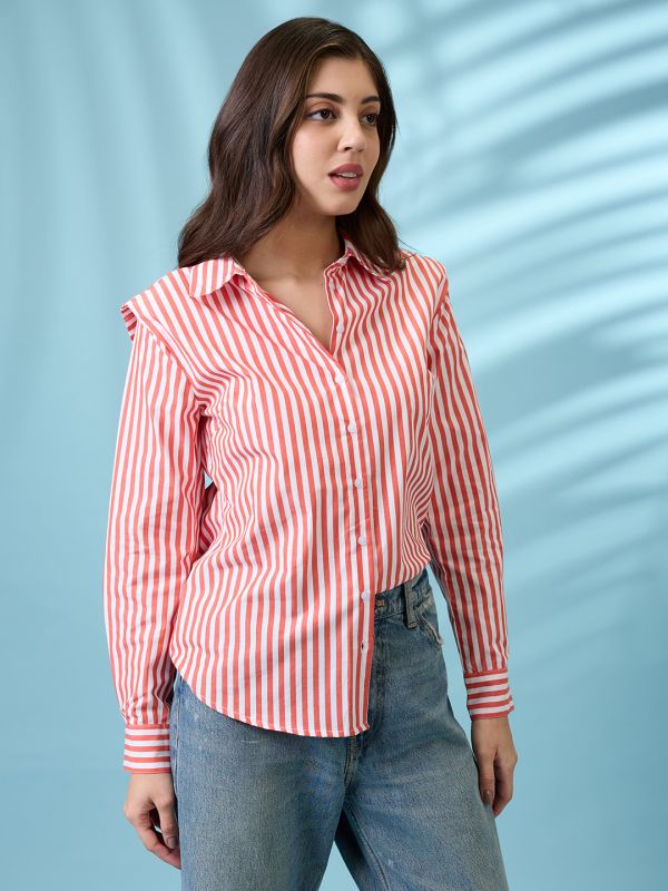 Globus Women Red Striped Collared Neck Cuffed Sleeves Curved Hem Shirt
