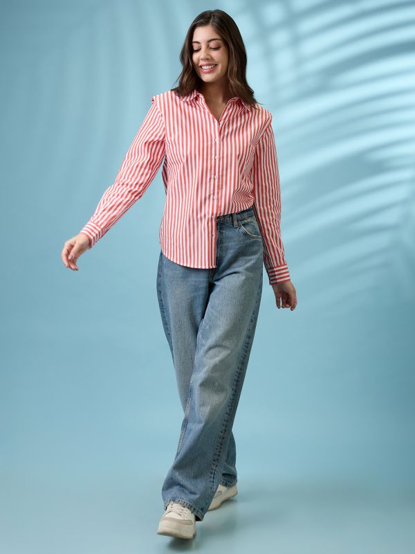 Globus Women Red Striped Collared Neck Cuffed Sleeves Curved Hem Shirt