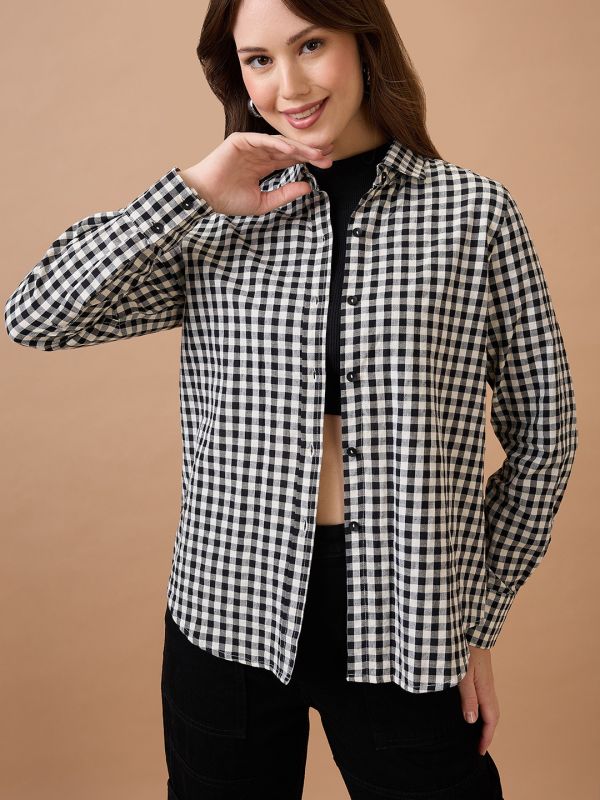 Globus Women Black & White Checked Collared Neck Cuffed Sleeves Shirt Style Top