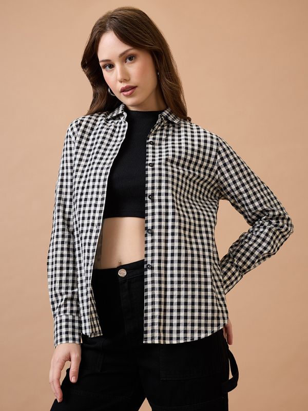Globus Women Black & White Checked Collared Neck Cuffed Sleeves Shirt Style Top