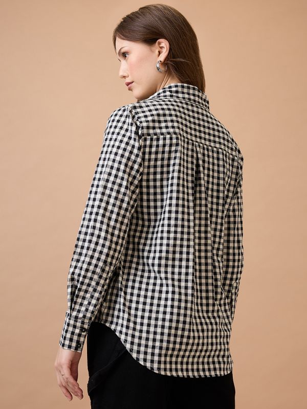 Globus Women Black & White Checked Collared Neck Cuffed Sleeves Shirt Style Top