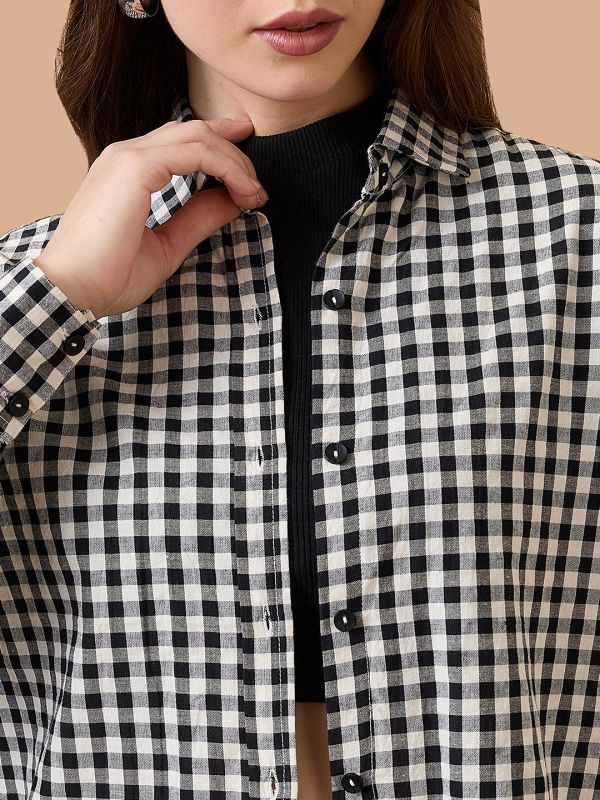 Globus Women Black & White Checked Collared Neck Cuffed Sleeves Shirt Style Top