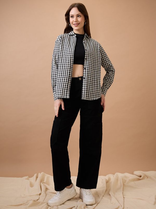 Globus Women Black & White Checked Collared Neck Cuffed Sleeves Shirt Style Top