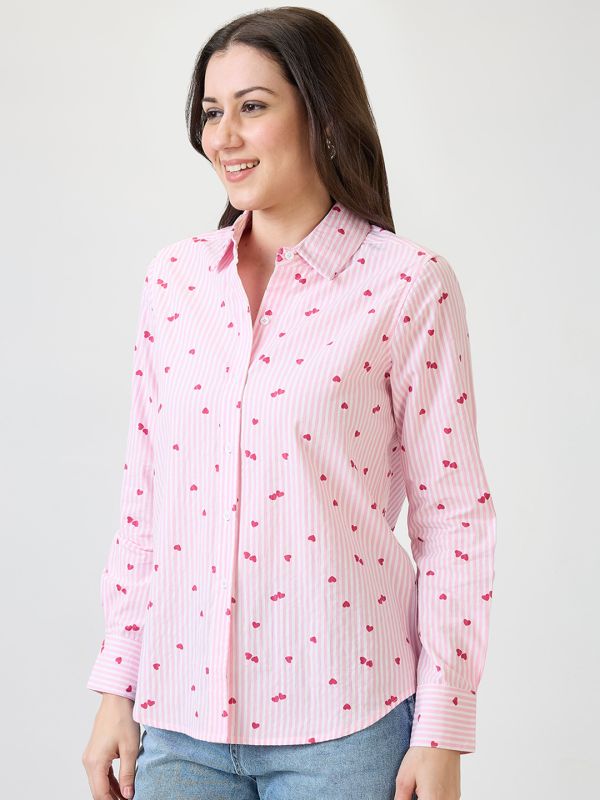 Globus Women Pink Hearts Printed  Spread Collar Cuff Sleeves Shirt