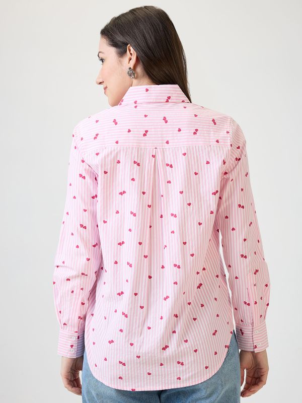 Globus Women Pink Hearts Printed  Spread Collar Cuff Sleeves Shirt