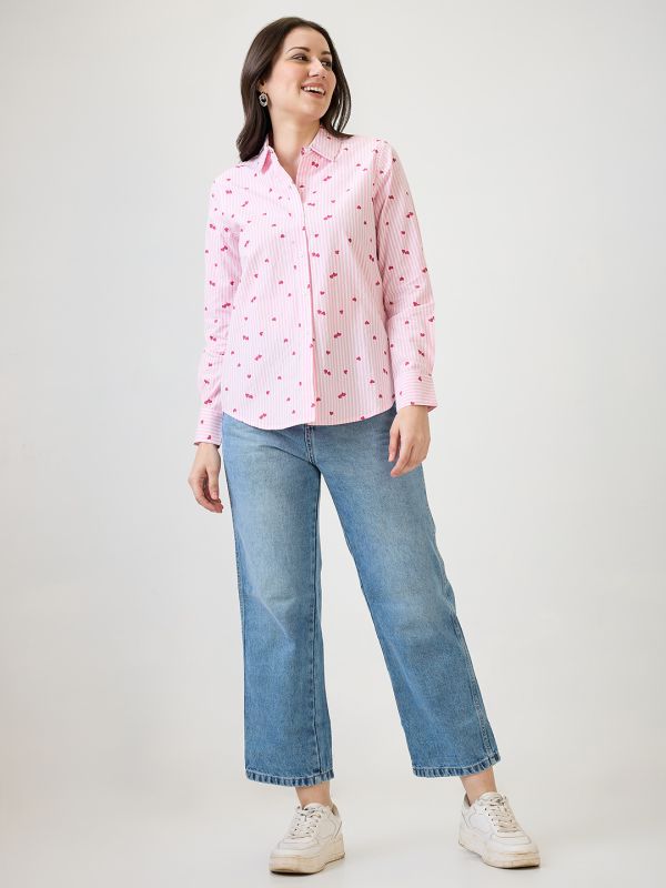 Globus Women Pink Hearts Printed  Spread Collar Cuff Sleeves Shirt