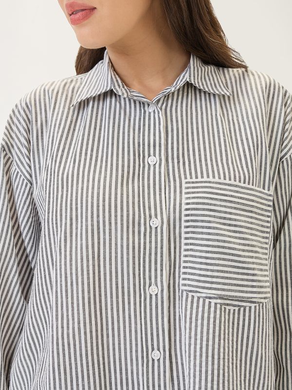 Globus Women Black Cuffed Sleeves Vertical Stripes Chest Pocket High-Low Hem Oversized Workwear Shirt