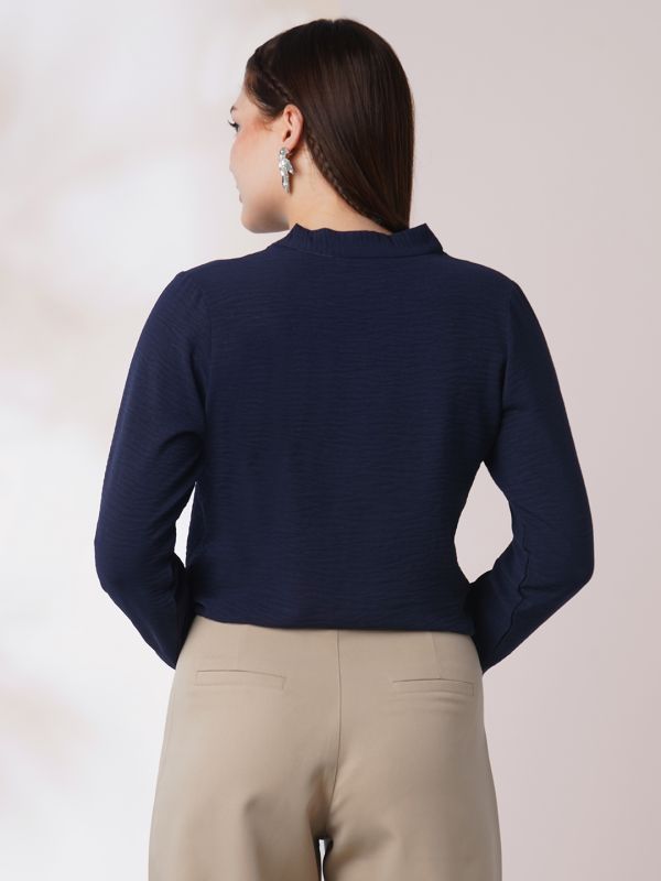 Globus Women Navy Blue Tie-Up Neck Cuffed Sleeves Workwear Top