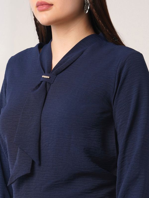 Globus Women Navy Blue Tie-Up Neck Cuffed Sleeves Workwear Top
