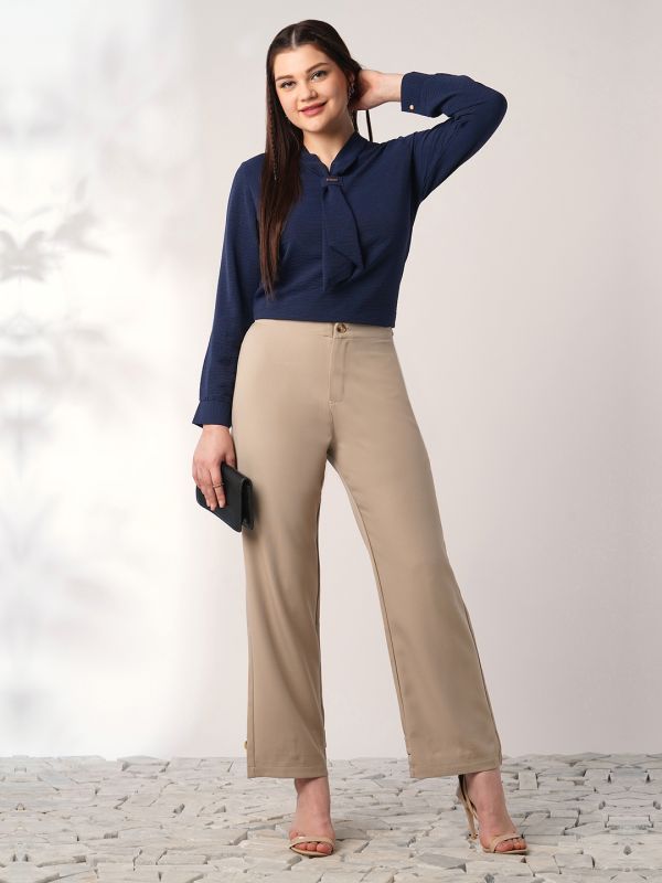 Globus Women Navy Blue Tie-Up Neck Cuffed Sleeves Workwear Top