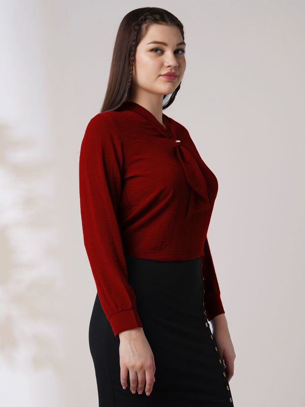 Globus Women Maroon Tie-Up Neck Cuffed Sleeves Workwear Top