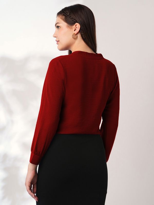 Globus Women Maroon Tie-Up Neck Cuffed Sleeves Workwear Top