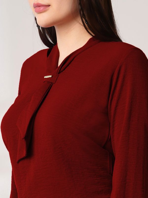 Globus Women Maroon Tie-Up Neck Cuffed Sleeves Workwear Top