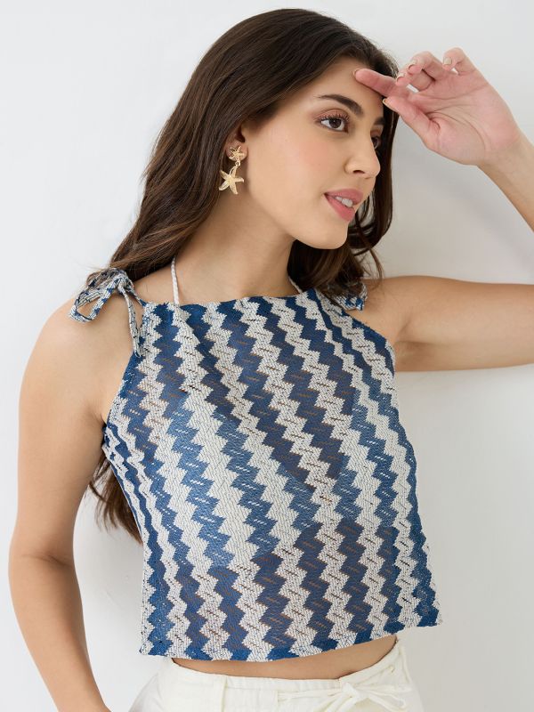 Globus Women Blue Tie-up Strappy Sleeve Chevron Pattern Crochet Crop Top
