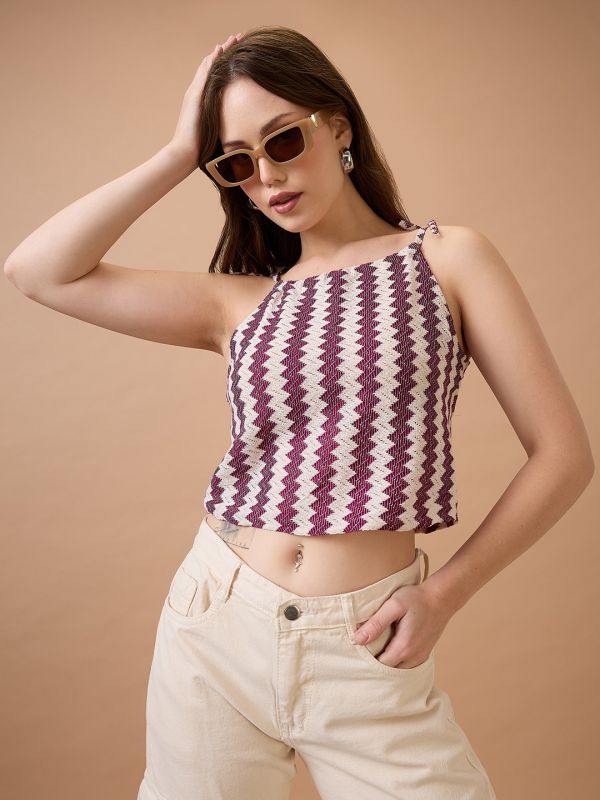 Globus Women Maroon Square Neck Tie-Up Strappy Shoulder Self Design Crochet Crop Top