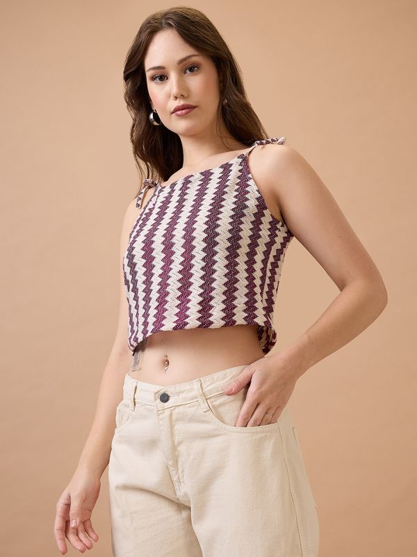 Globus Women Maroon Square Neck Tie-Up Strappy Shoulder Self Design Crochet Crop Top