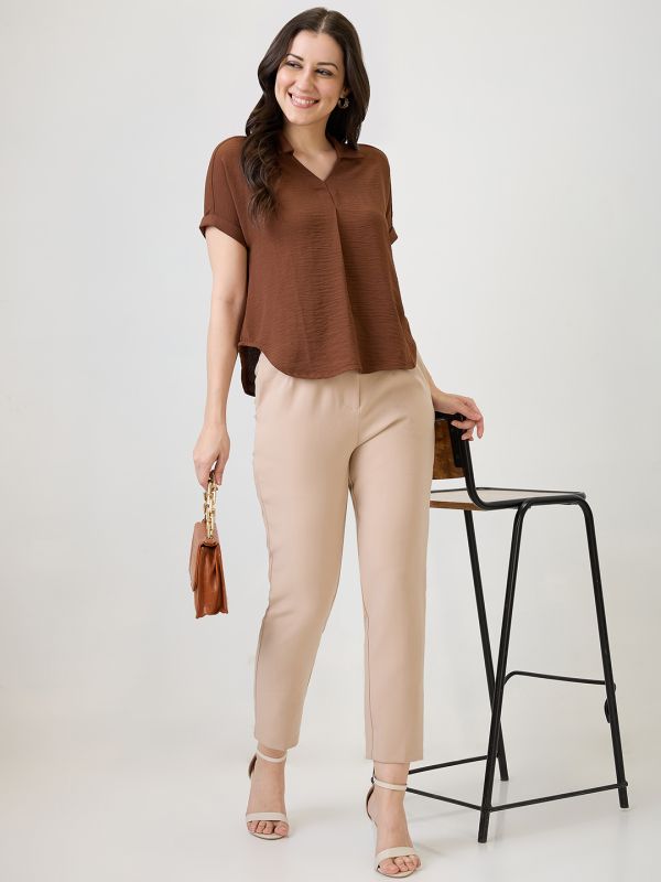 Globus Women Brown Collar Neck Extended Sleeves Self Design Shirt Style Workwear Top