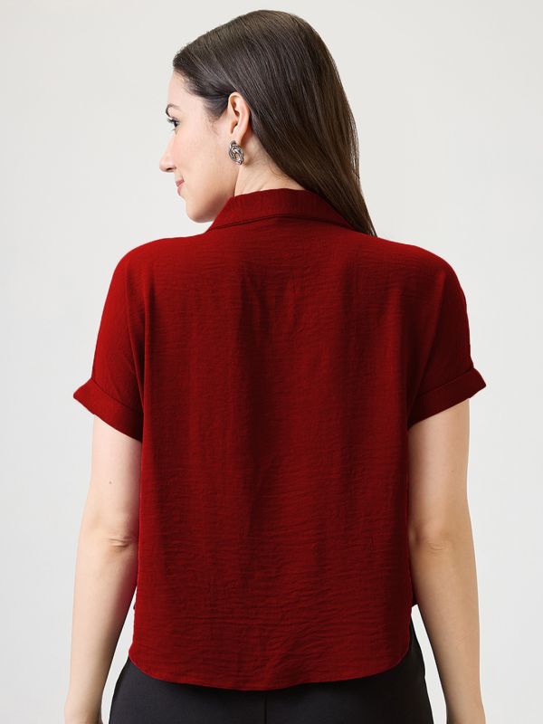 Globus Women Magenta Collar Neck Extended Sleeves Self Design Shirt Style Workwear Top